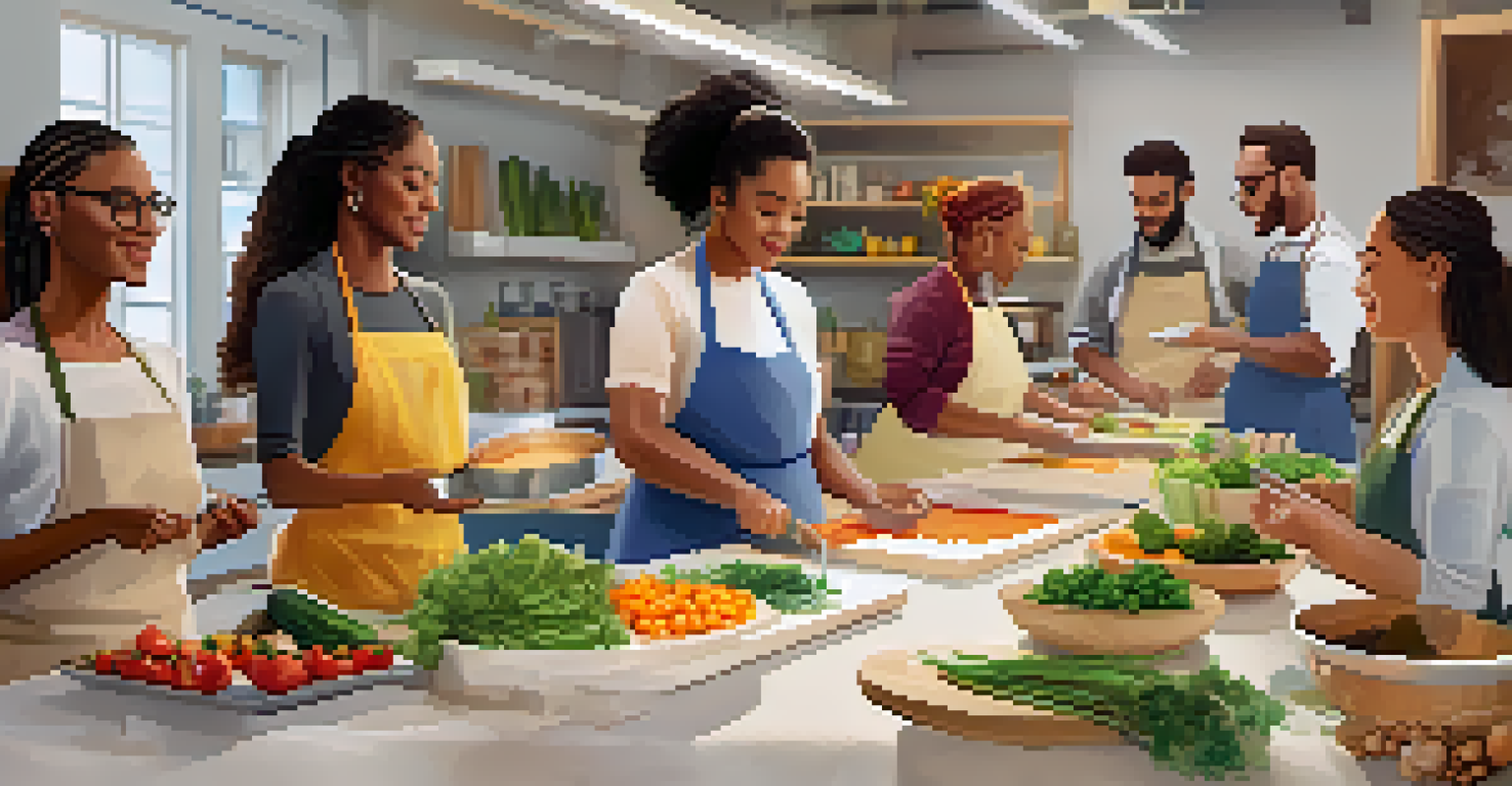 A diverse group of people in a cooking class learning about allergen-free recipes, with an instructor demonstrating techniques and vibrant ingredients on the counter.