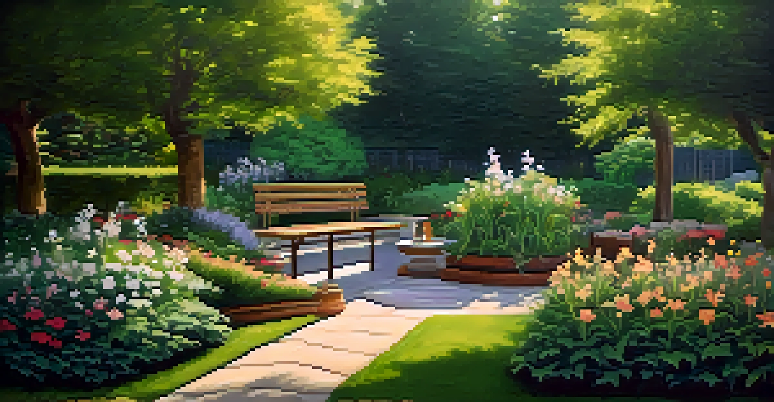A serene garden with a person meditating, surrounded by greenery and flowers, creating a peaceful atmosphere.