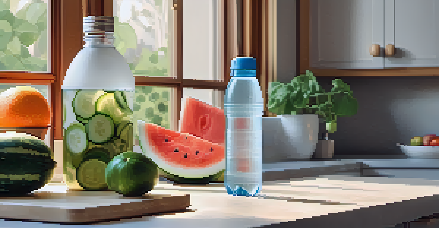 A kitchen countertop with a water bottle and sliced hydrating fruits under warm natural light.