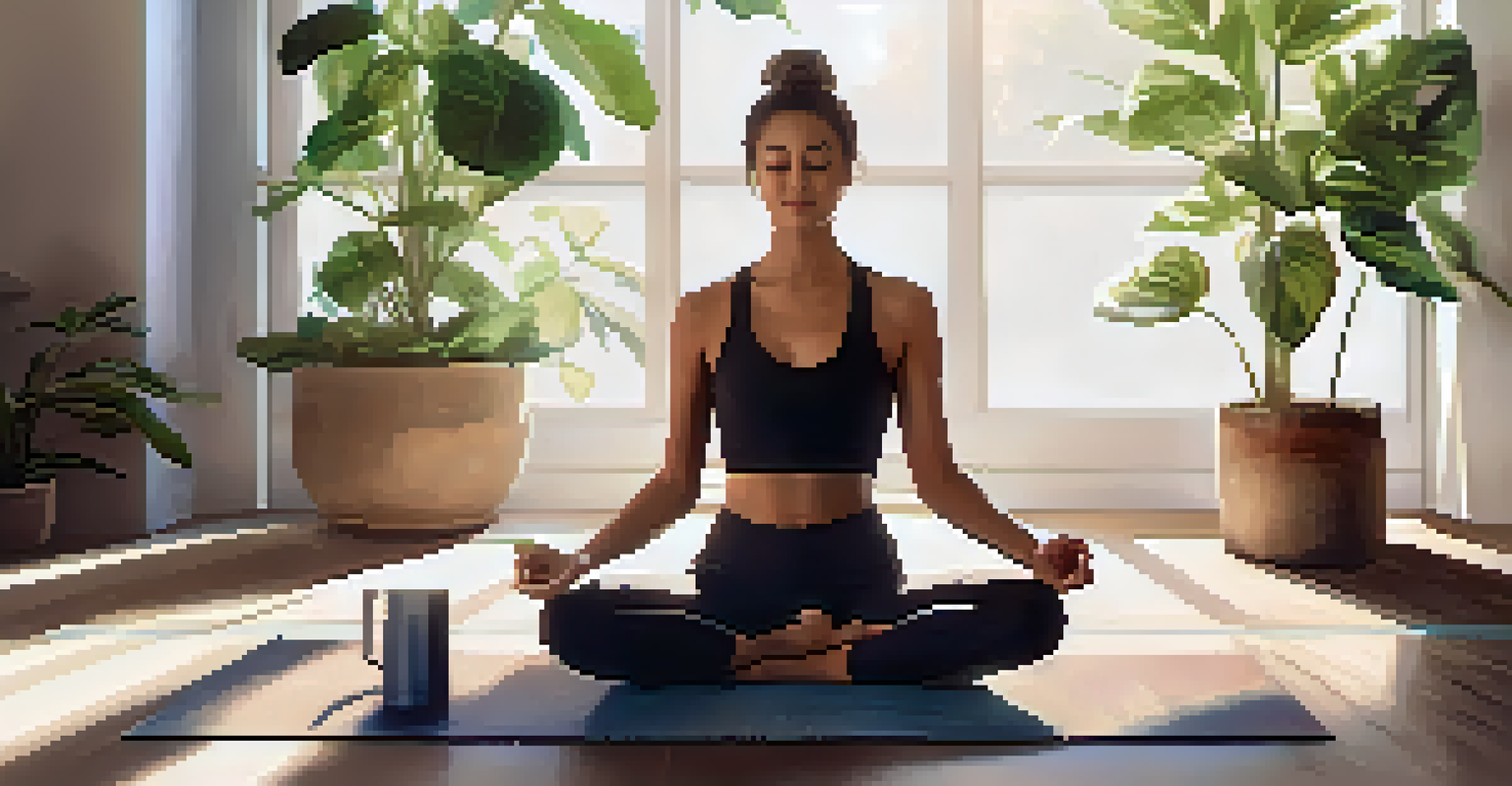 A person sitting on a yoga mat, holding a glass of infused water, surrounded by pillows and plants in a serene setting, emphasizing mindfulness and hydration.