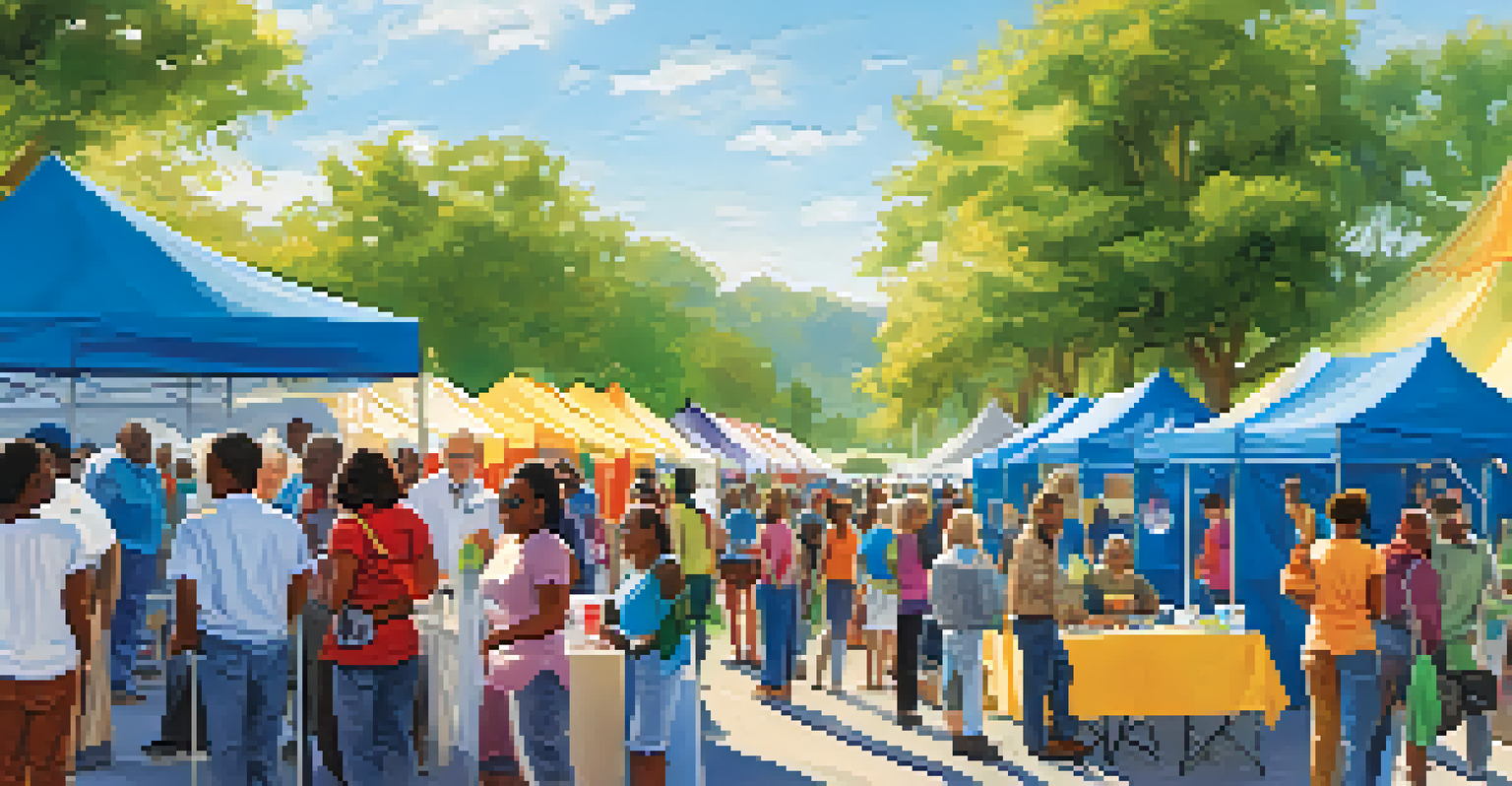 A community health fair with diverse participants and healthcare providers interacting outdoors.
