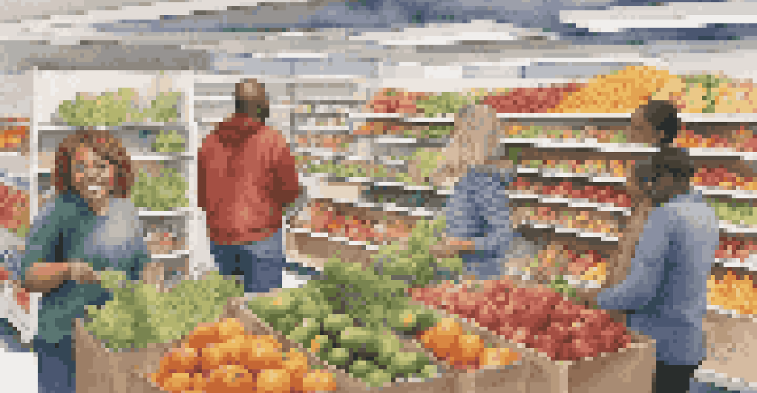 Families receiving fresh produce from a food pantry, with volunteers helping in a supportive community environment.