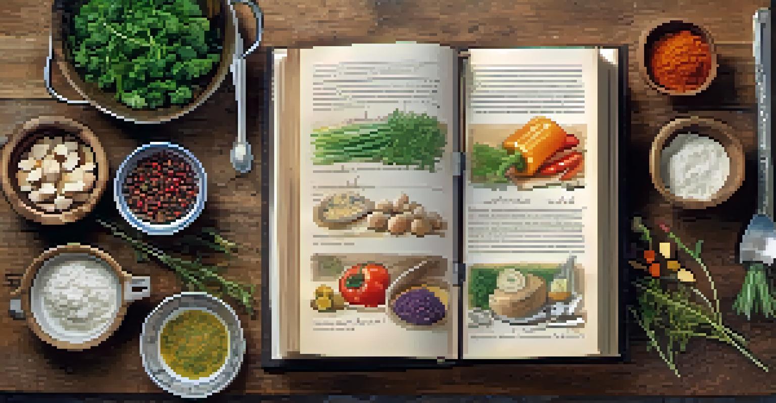 A family recipe book opened on a table with fresh ingredients surrounding it.
