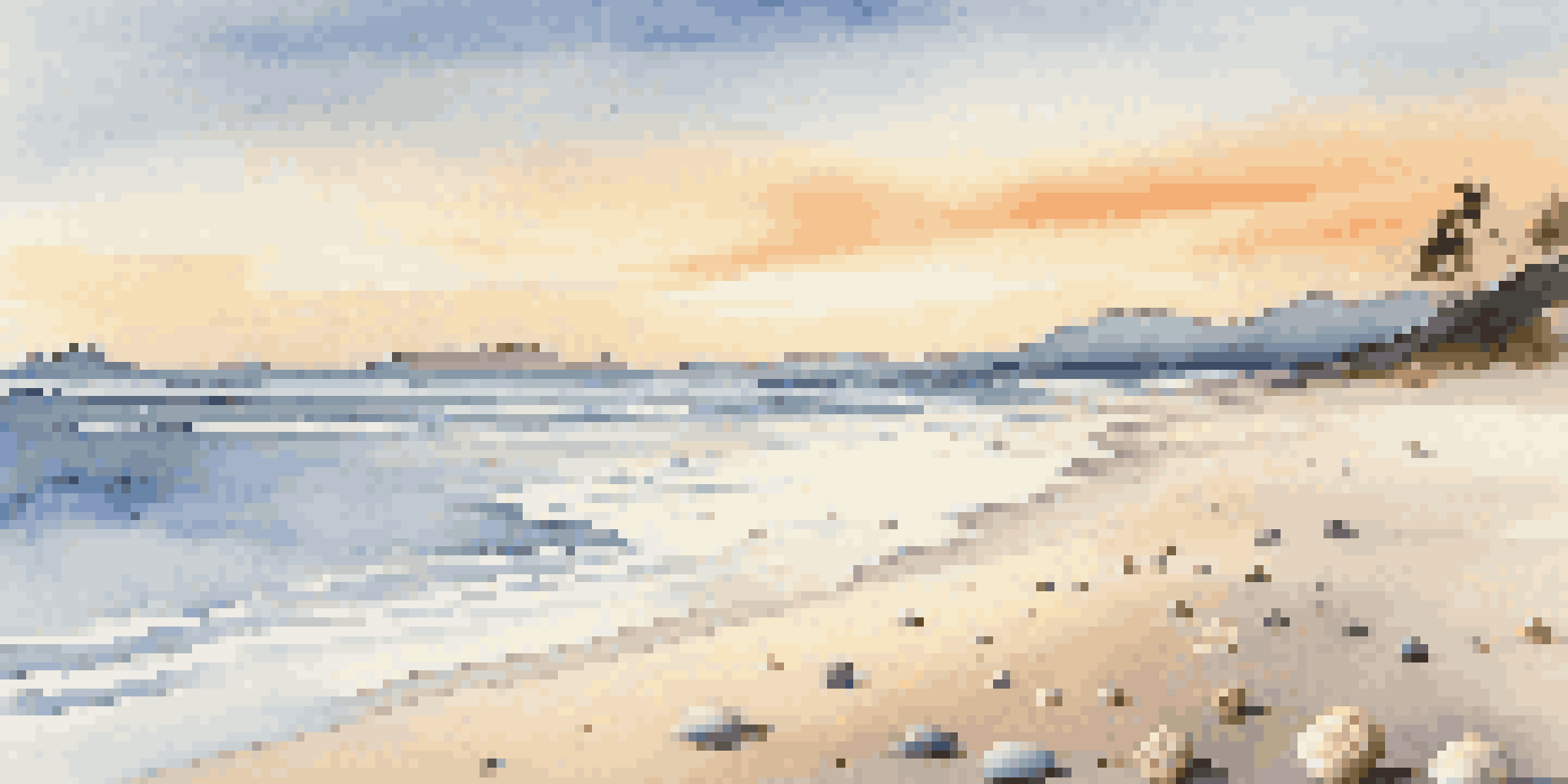 A peaceful beach at sunrise with gentle waves, golden sunlight on the sand, seashells scattered, distant mountains, and a pastel sky.