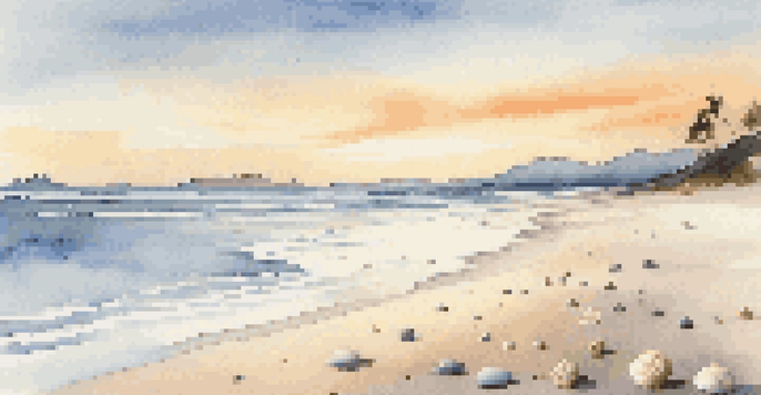 A peaceful beach at sunrise with gentle waves, golden sunlight on the sand, seashells scattered, distant mountains, and a pastel sky.