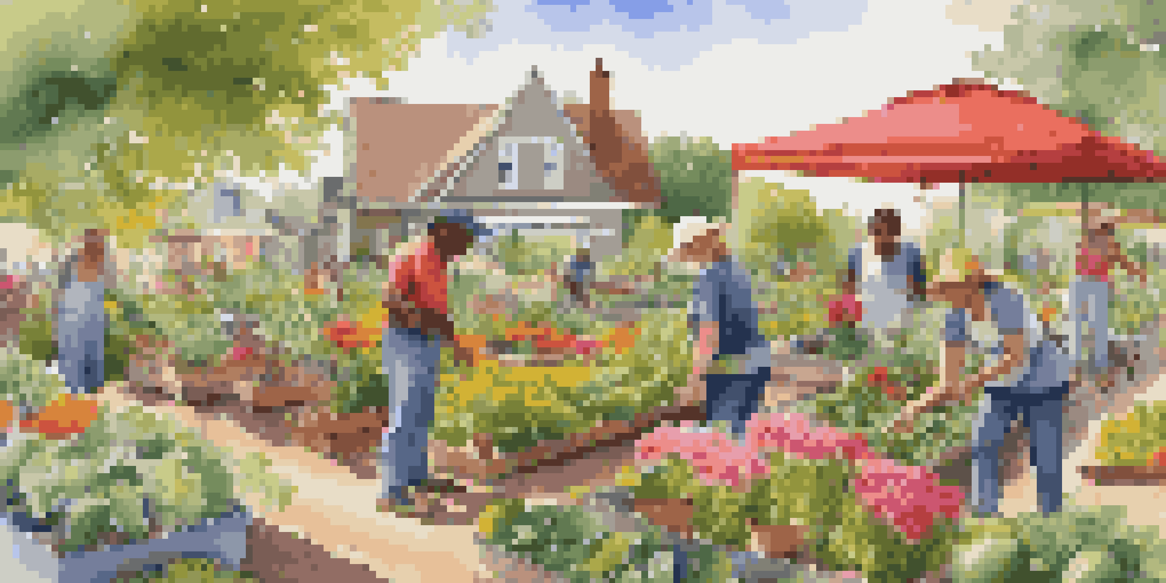A lively community garden with people of different backgrounds planting and harvesting vegetables and flowers, under bright sunlight.