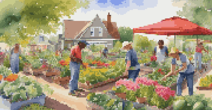 A lively community garden with people of different backgrounds planting and harvesting vegetables and flowers, under bright sunlight.