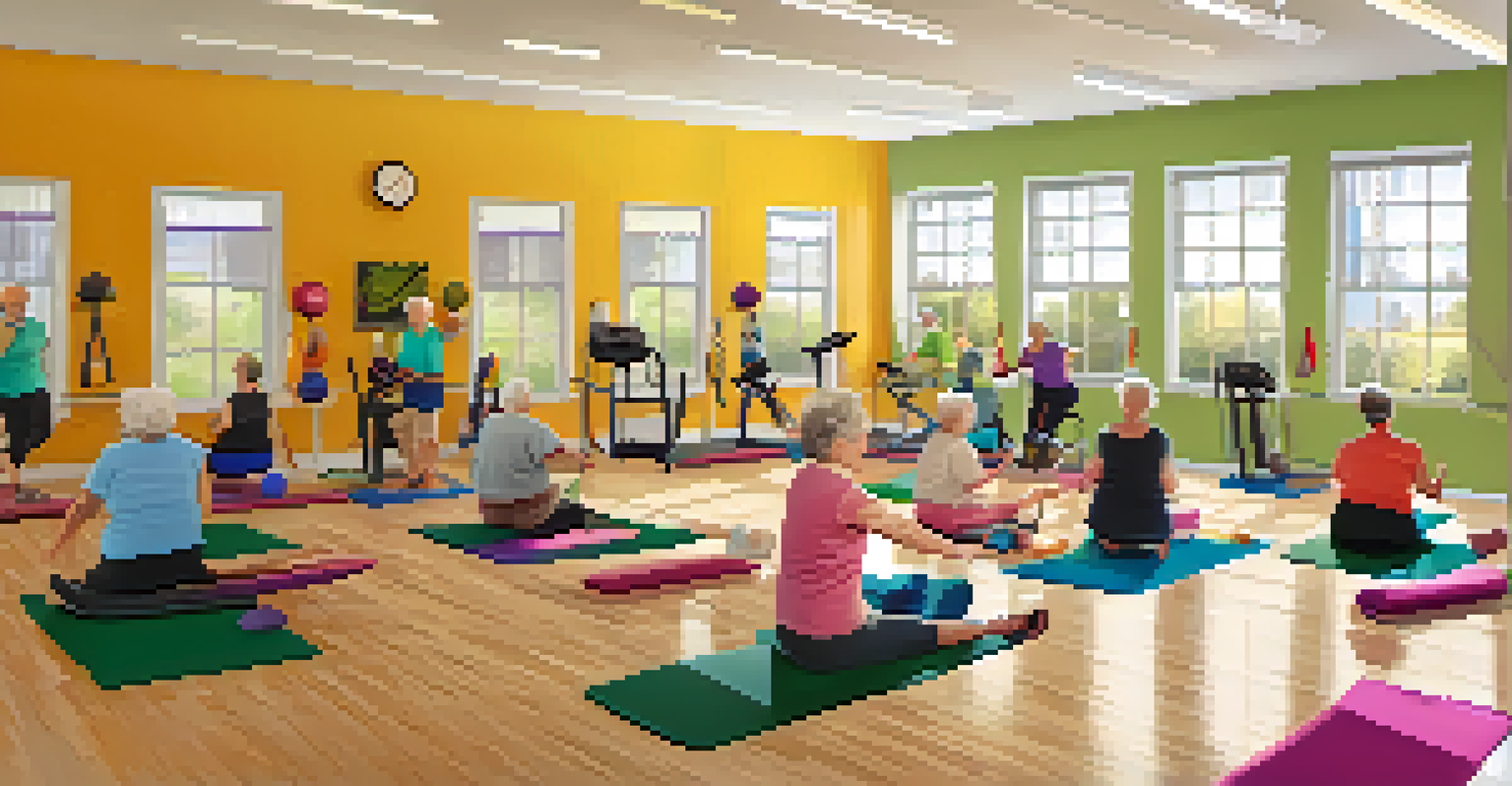 Seniors engaging in a chair exercise class indoors, with an instructor leading and participants smiling.