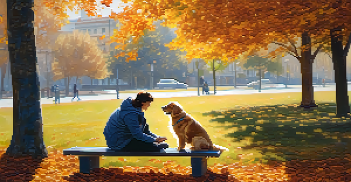 A person sitting on a park bench, petting a golden retriever dog amidst colorful autumn leaves, with sunlight filtering through the trees.