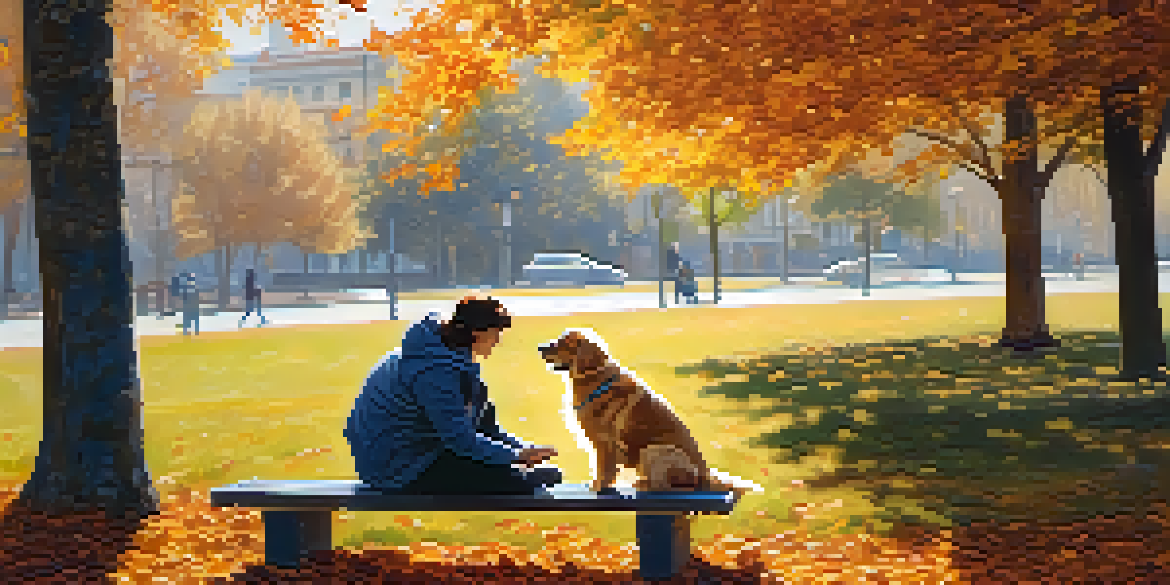 A person sitting on a park bench, petting a golden retriever dog amidst colorful autumn leaves, with sunlight filtering through the trees.