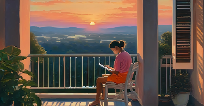 A person writing in a gratitude journal on a balcony during sunset, with warm colors in the sky and surrounding plants.