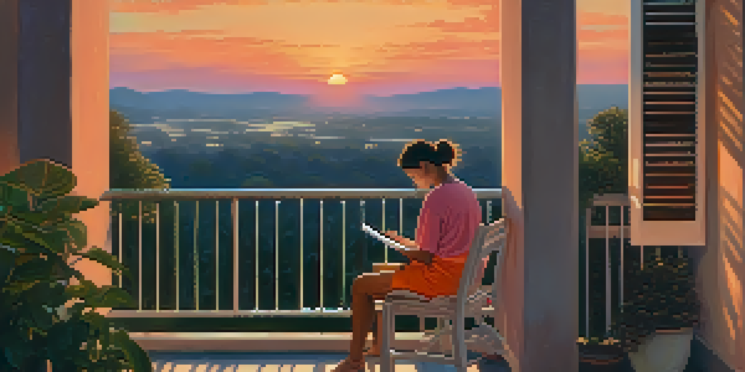 A person writing in a gratitude journal on a balcony during sunset, with warm colors in the sky and surrounding plants.