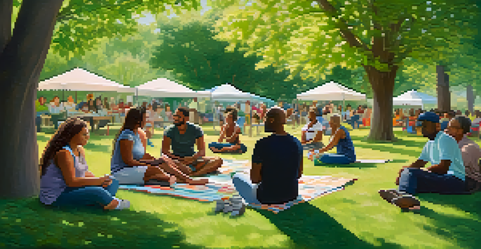 A diverse group of people in a park attending a mental health workshop, smiling and engaging with one another.
