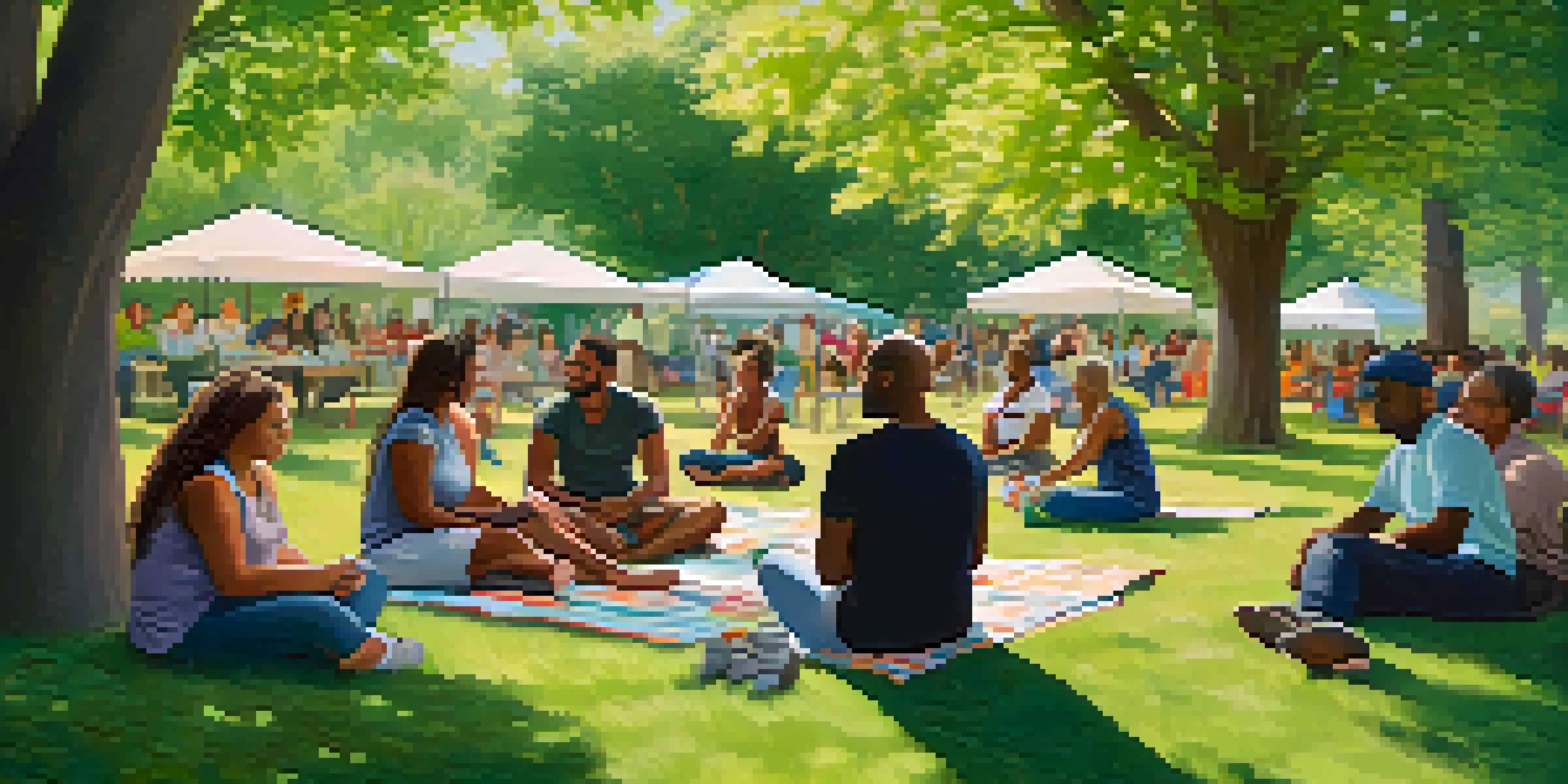 A diverse group of people in a park attending a mental health workshop, smiling and engaging with one another.