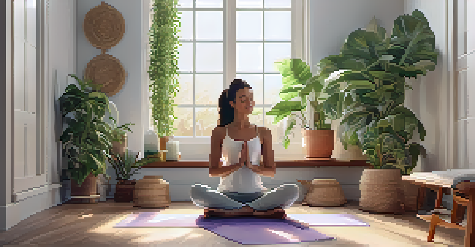 A woman practicing yoga in a bright bedroom filled with natural light and plants, creating a peaceful atmosphere.