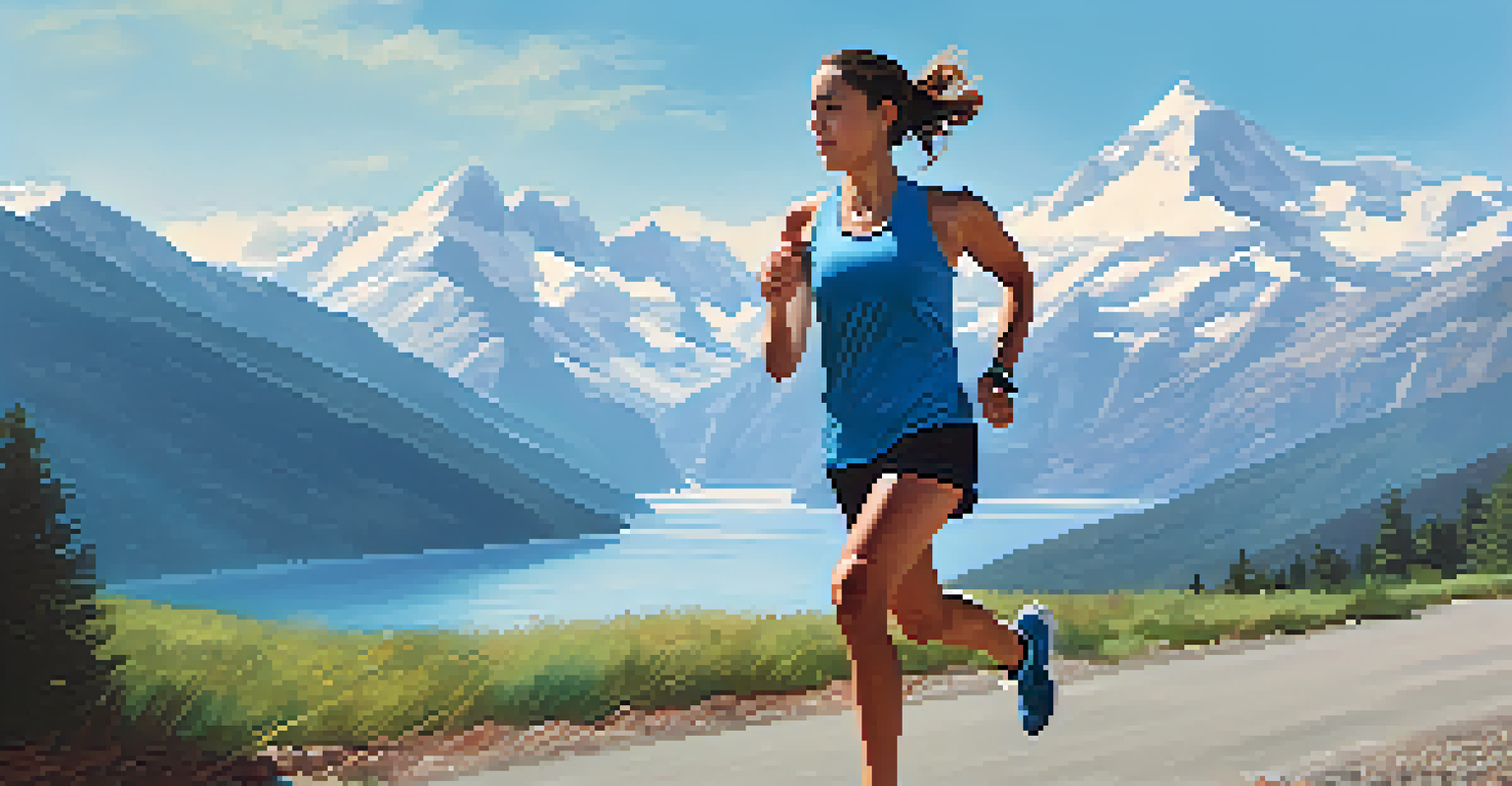 A person jogging with a smartwatch, set against a backdrop of mountains and blue skies, focused on fitness.