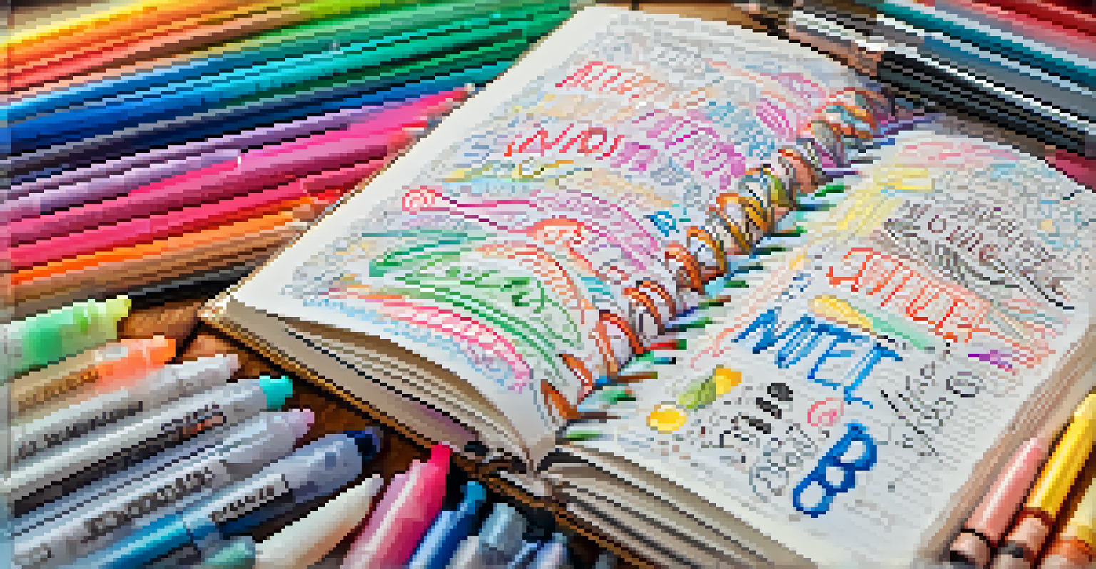 A close-up of a hand writing in a colorful journal filled with doodles and expressive writing, with art supplies nearby.