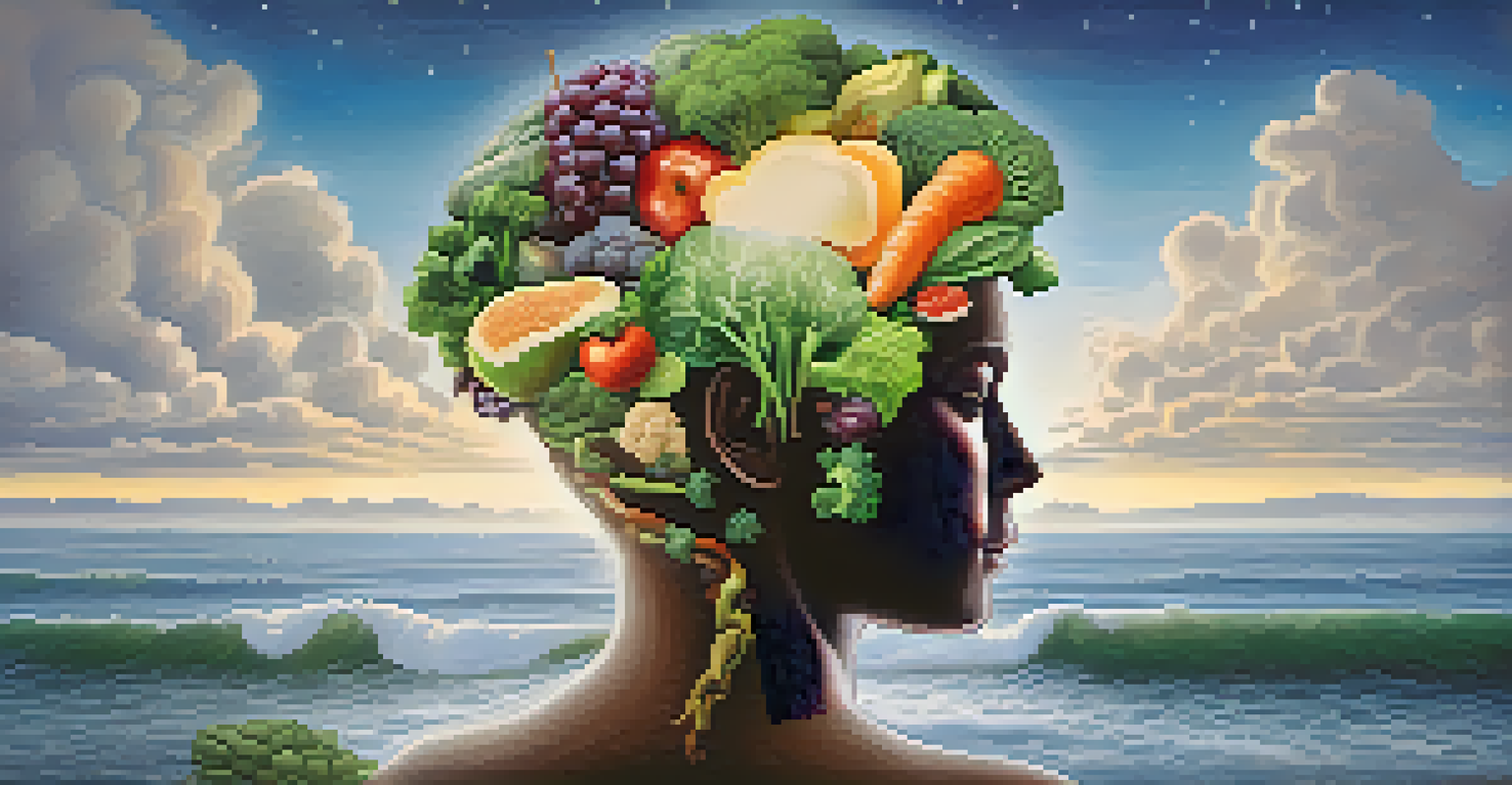 A human silhouette showing the gut and brain connection, with healthy foods and calming elements around them.