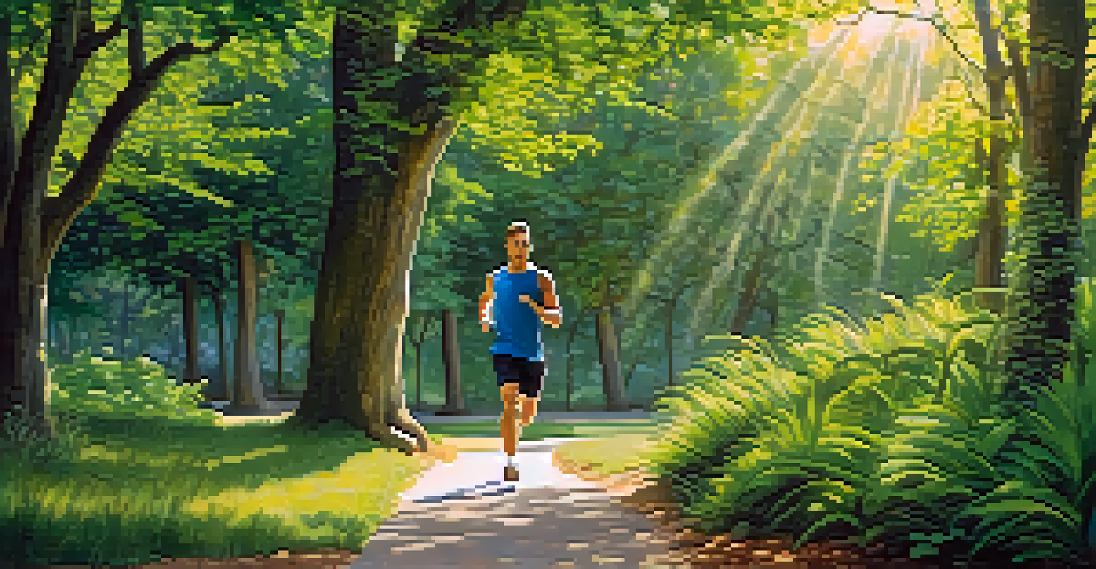 A man jogging in a sunny park, surrounded by greenery, promoting an active and healthy lifestyle.