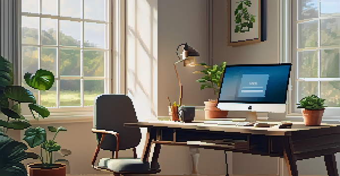 A cozy home office with a desk, laptop, coffee cup, and plants, illuminated by natural light from a window.