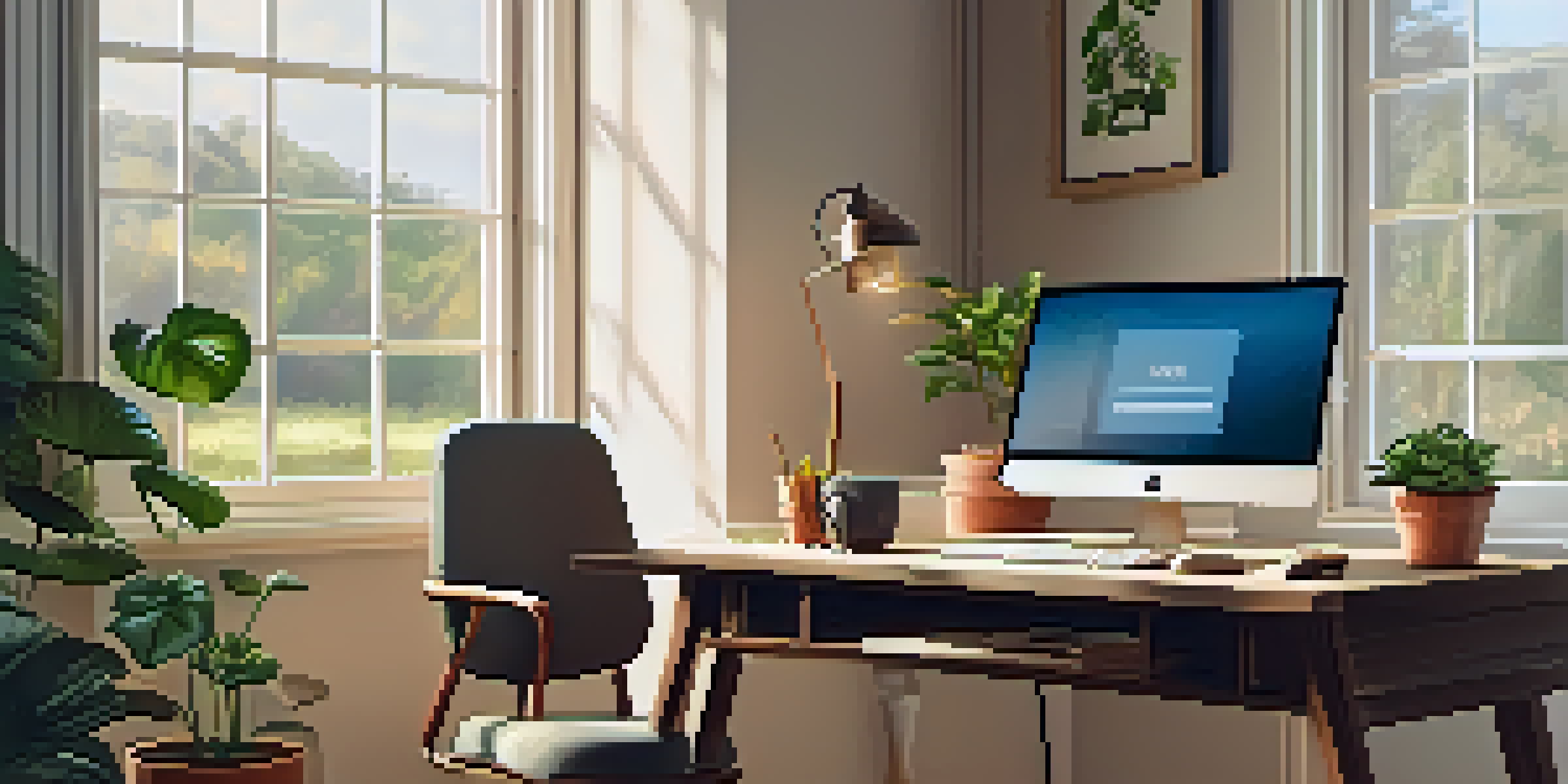 A cozy home office with a desk, laptop, coffee cup, and plants, illuminated by natural light from a window.