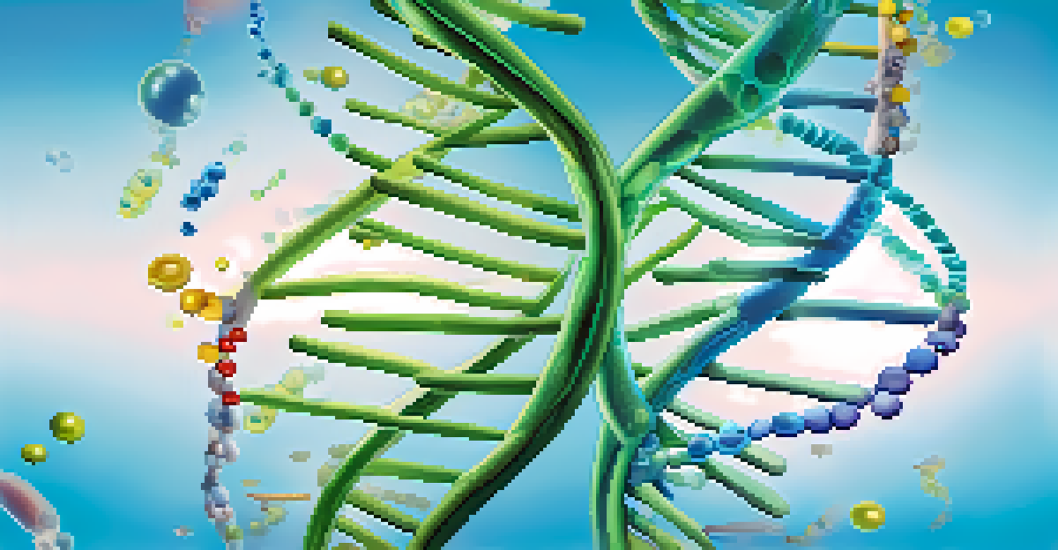 An artistic depiction of a DNA strand intertwined with colorful microbes, set against a soft gradient background of blues and greens.