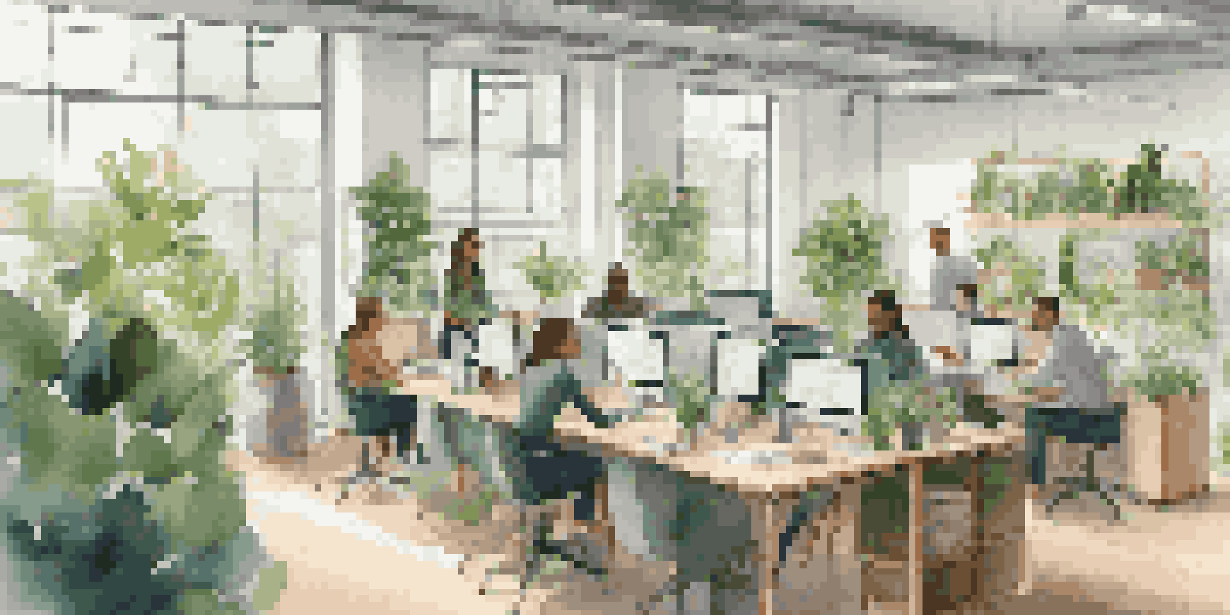 A bright and modern office environment with employees working together around a communal table, surrounded by plants and natural light.