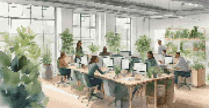 A bright and modern office environment with employees working together around a communal table, surrounded by plants and natural light.