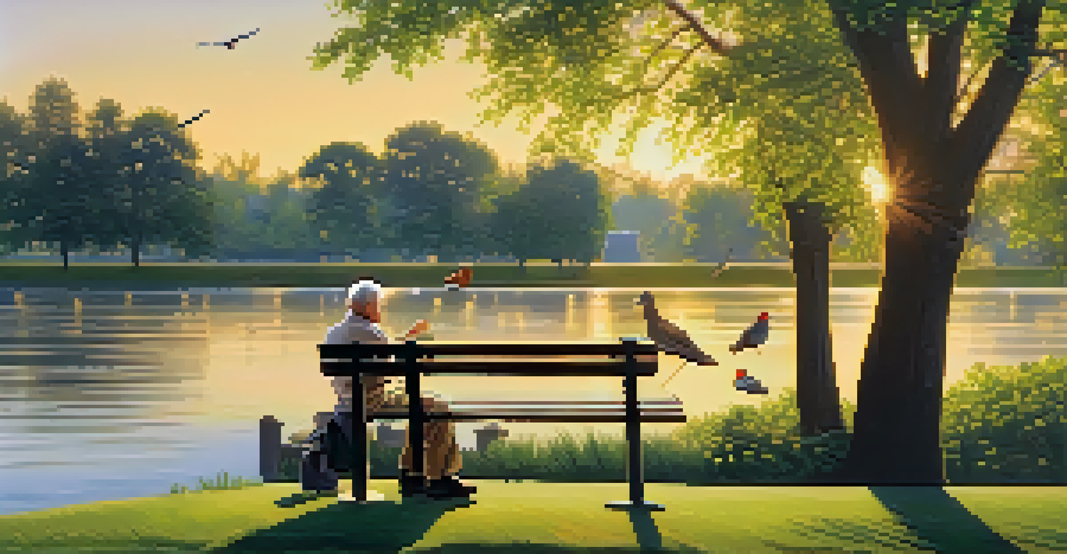 An elderly man feeding birds on a park bench during sunset, surrounded by greenery and trees.