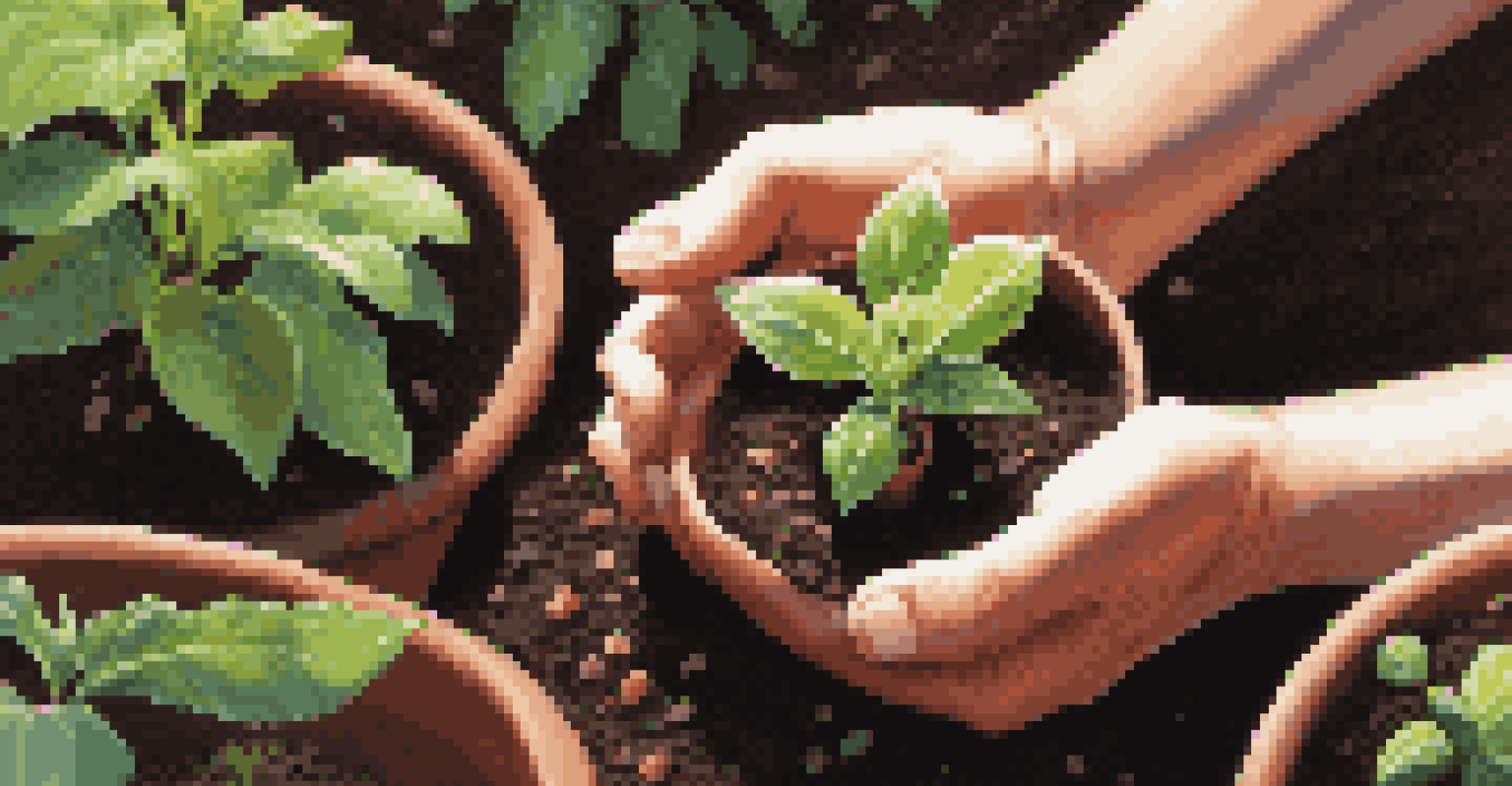 Close-up of hands planting seeds in soil with seedlings in pots, illuminated by sunlight.