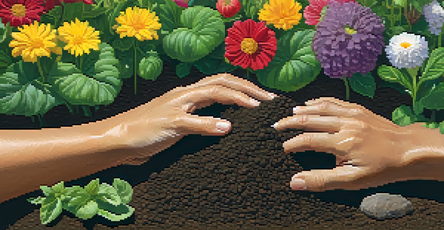 Close-up of hands digging into soil surrounded by herbs and flowers in a community garden.