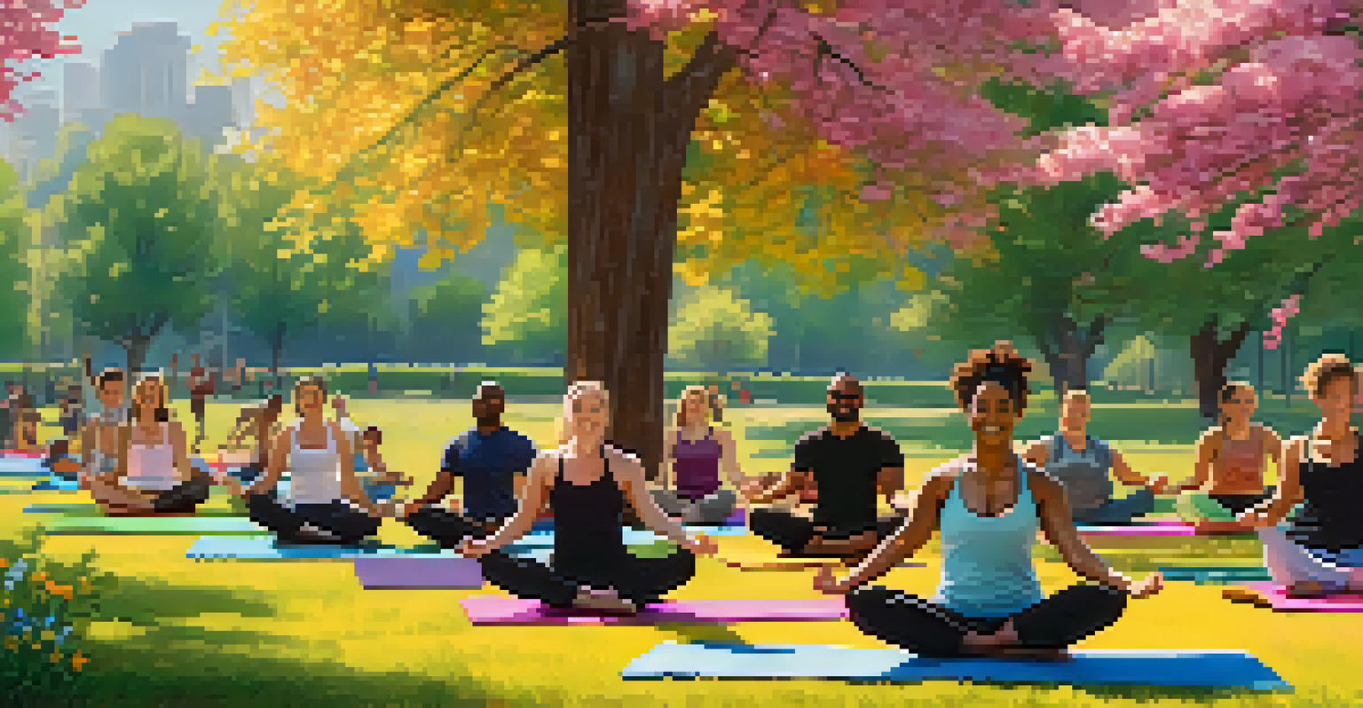 An outdoor yoga class in a park with diverse participants practicing on colorful mats under the sun, surrounded by trees and flowers.