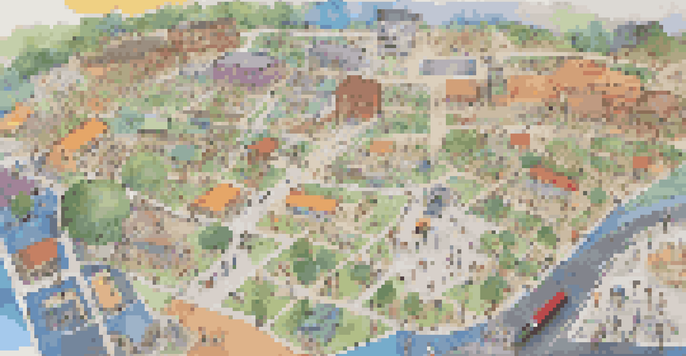 A diverse group of community members engaging over a colorful resource map that highlights various local services.