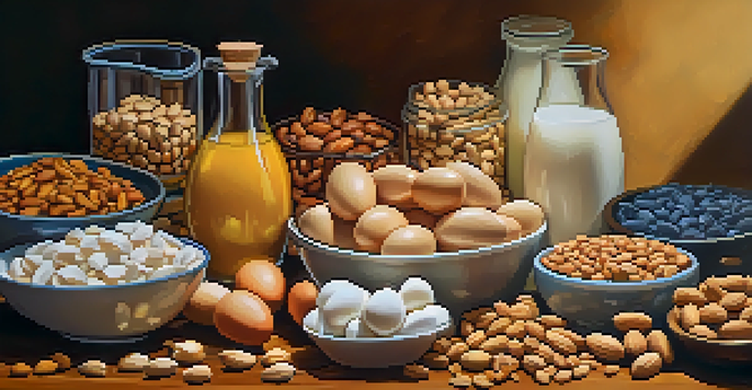 A close-up arrangement of allergenic foods including peanuts, tree nuts, eggs, milk, wheat, soy, fish, and shellfish on a wooden table with warm lighting.