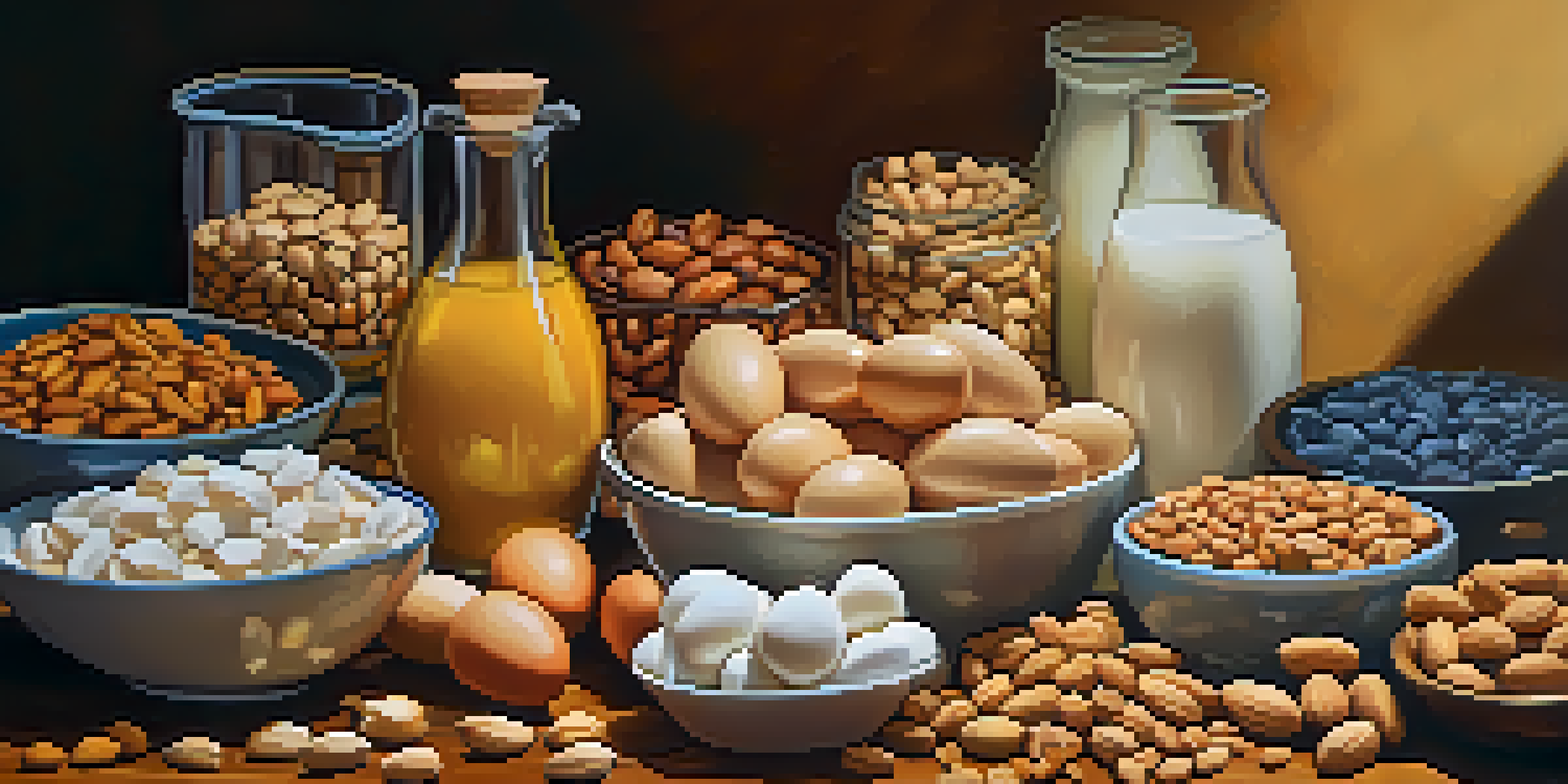 A close-up arrangement of allergenic foods including peanuts, tree nuts, eggs, milk, wheat, soy, fish, and shellfish on a wooden table with warm lighting.
