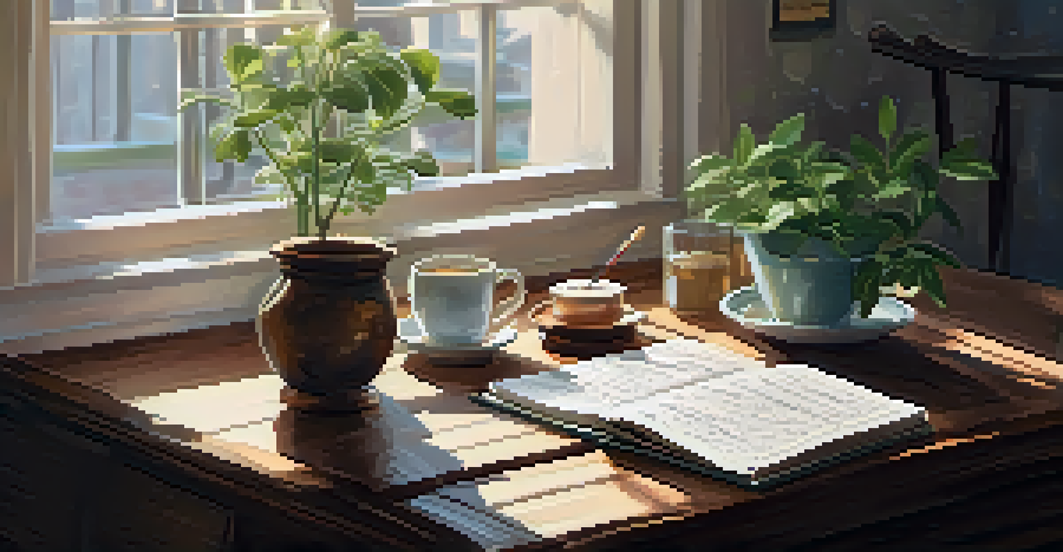 A cozy journaling setup with a journal, cup of tea, and a plant on a wooden table in a sunlit room.