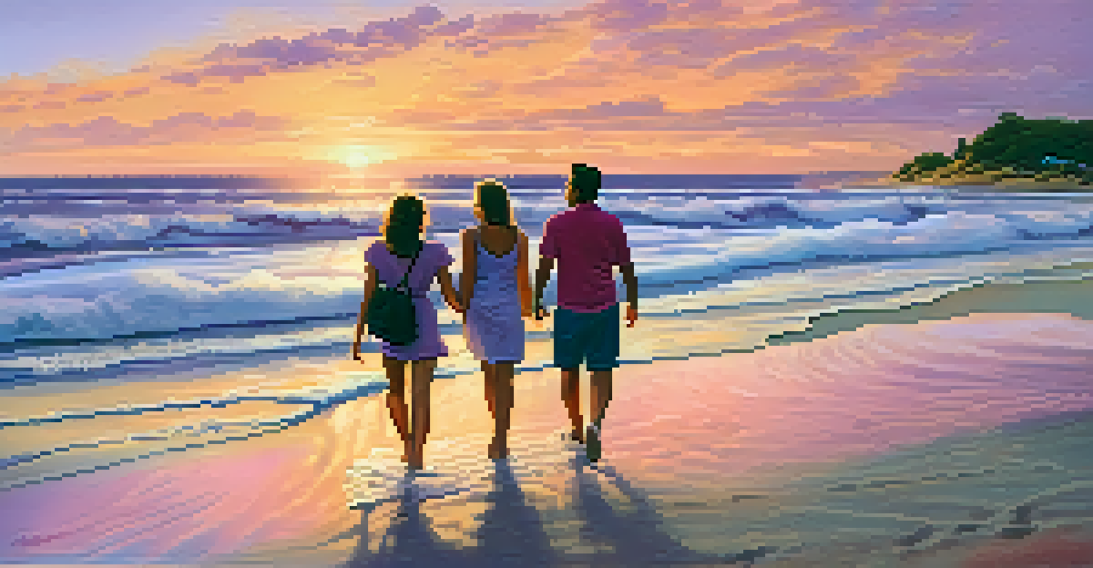 A group of friends walking along a beach at sunset, surrounded by vibrant colors in the sky and gentle ocean waves.