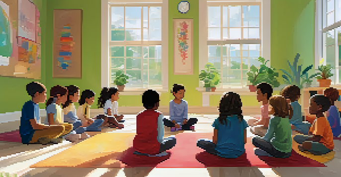 A diverse group of children practicing mindfulness in a peaceful classroom, surrounded by natural light and calming decor.