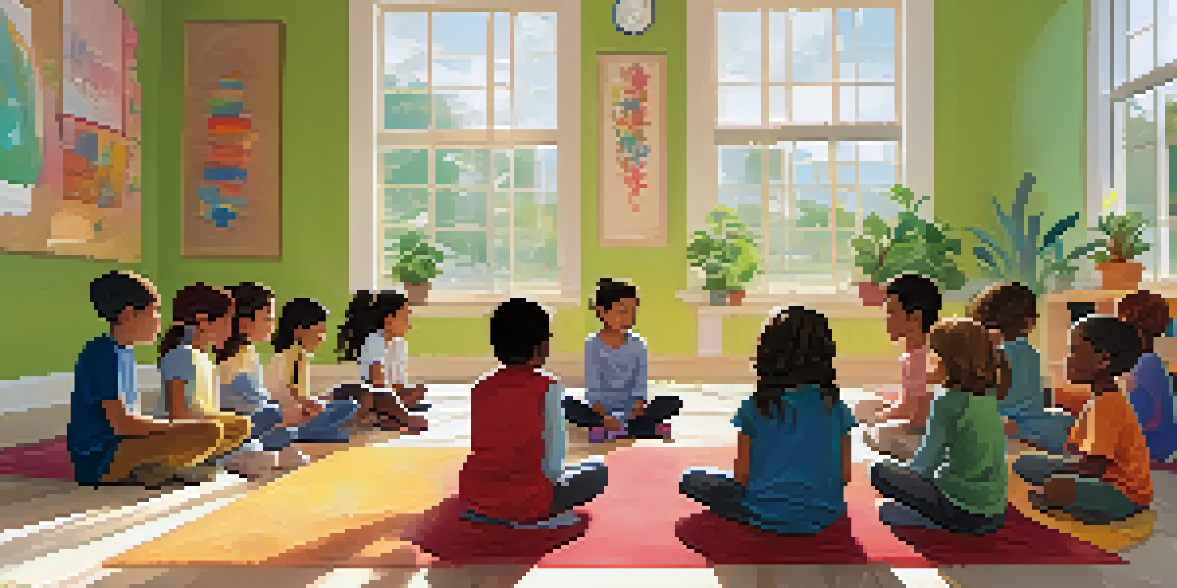 A diverse group of children practicing mindfulness in a peaceful classroom, surrounded by natural light and calming decor.