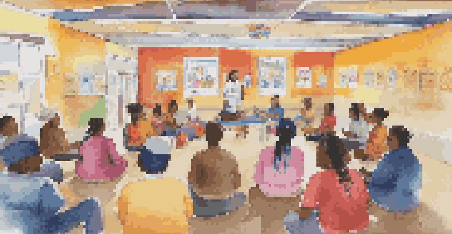 A community health worker leading a culturally tailored health workshop with engaged participants in a colorful community center.