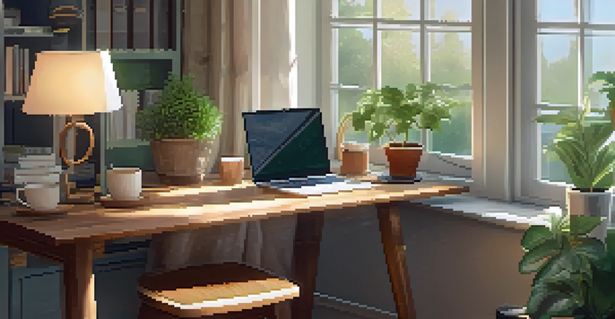 A peaceful workspace with a wooden desk and large window letting in morning light, featuring a laptop, coffee cup, and a potted plant, with a lush garden view outside.
