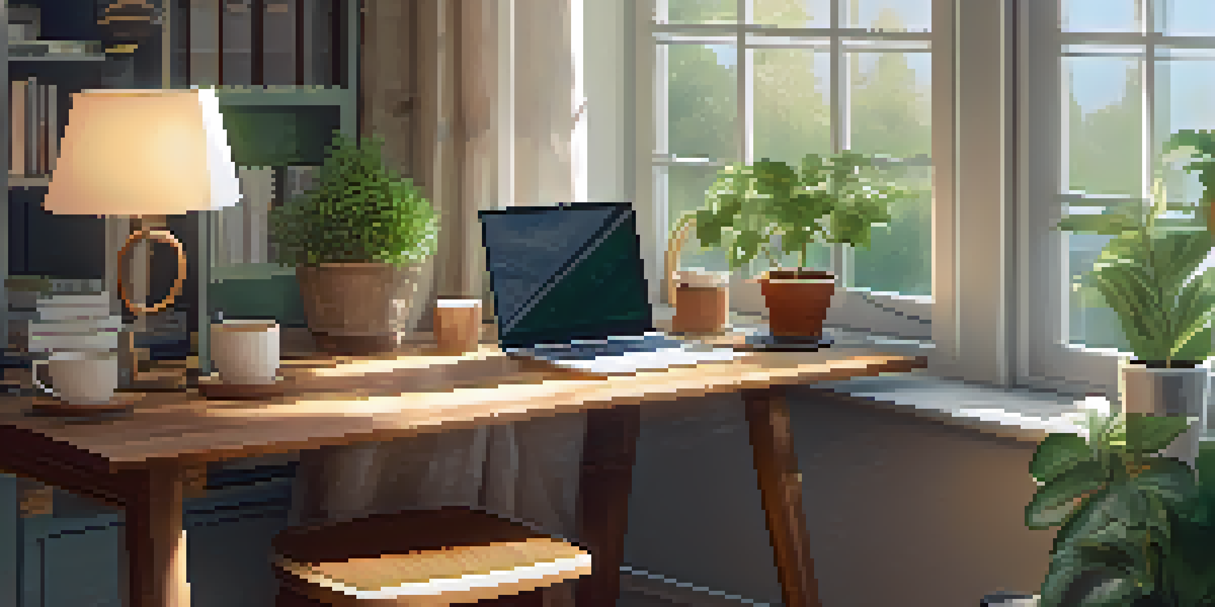 A peaceful workspace with a wooden desk and large window letting in morning light, featuring a laptop, coffee cup, and a potted plant, with a lush garden view outside.
