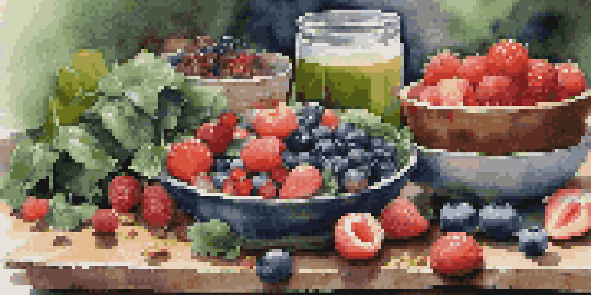 A colorful display of antioxidant-rich foods including berries, leafy greens, nuts, and a glass of green tea on a rustic wooden table.