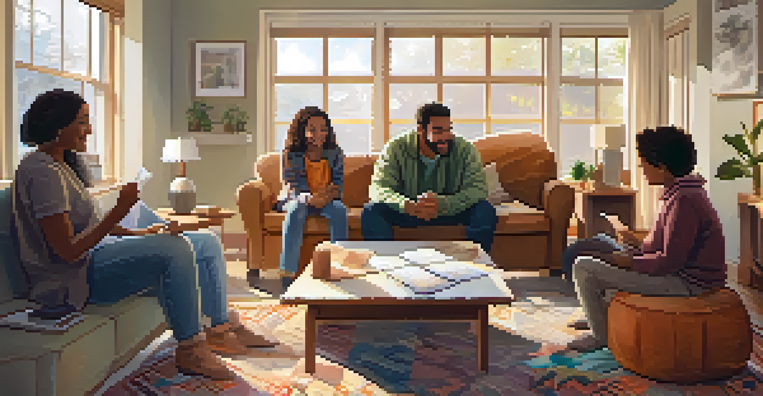 A family gathered in a living room for a check-in meeting, sitting in a circle with positive notes around them.