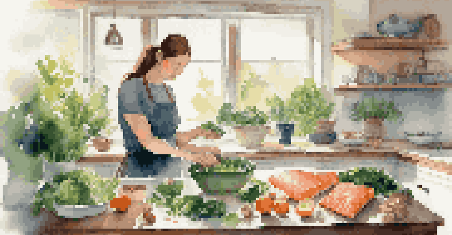 A nutritionist in a bright kitchen preparing a healthy, anti-inflammatory meal with salmon, walnuts, and leafy greens.