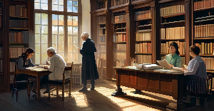 A cozy library with diverse individuals studying and discussing medical terms, illuminated by soft sunlight.