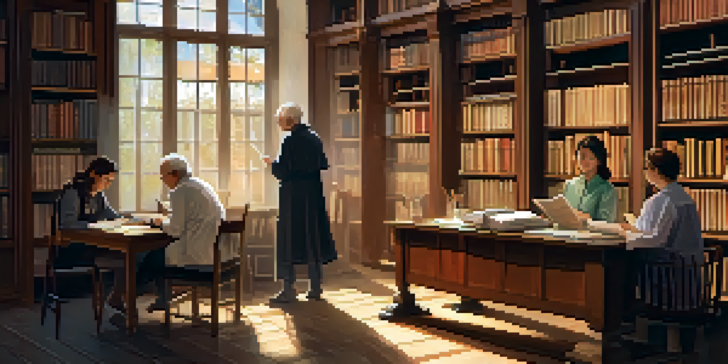 A cozy library with diverse individuals studying and discussing medical terms, illuminated by soft sunlight.