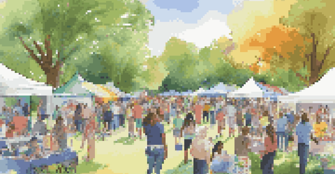 A lively community health fair in a park, showcasing diverse individuals interacting with healthcare providers and colorful booths about LGBTQ+ health.