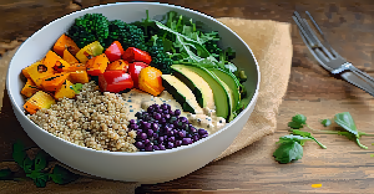 A colorful lunch bowl filled with quinoa, roasted vegetables, and a drizzle of tahini dressing on a rustic wooden table.