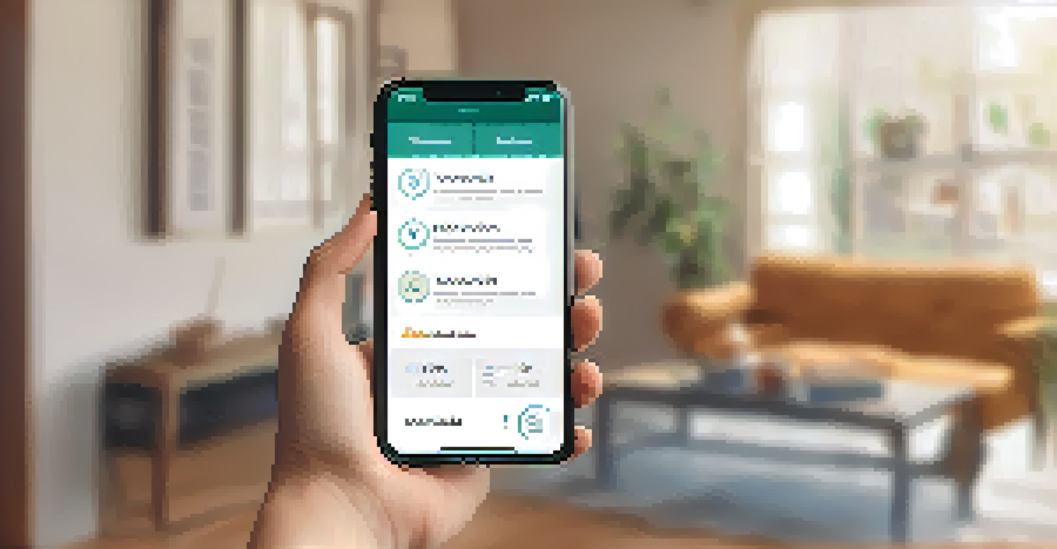 A hand holding a smartphone with a health information app displayed, set in a cozy home environment.